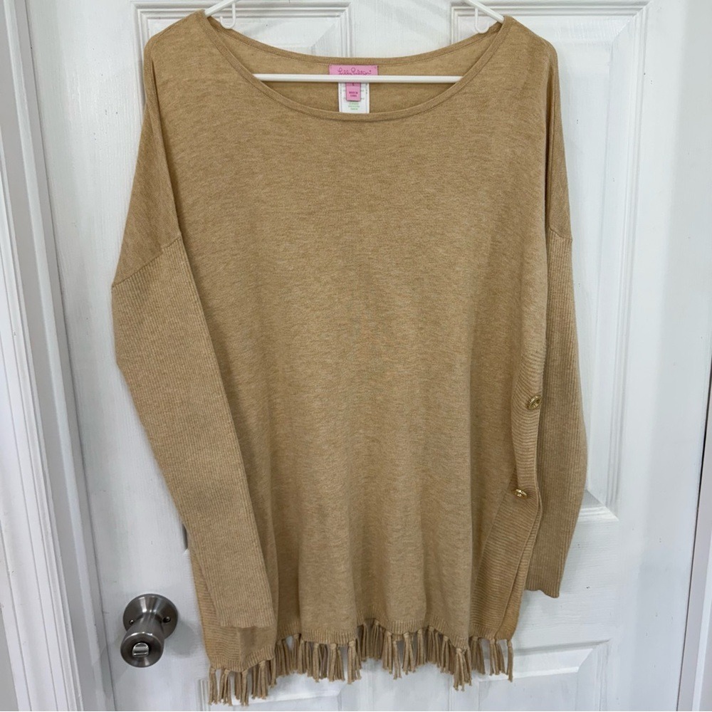 Lilly Pulitzer Women's Long Sleeve Tan Sweater with Buttons and Fringe Tassels - Picture 2 of 8